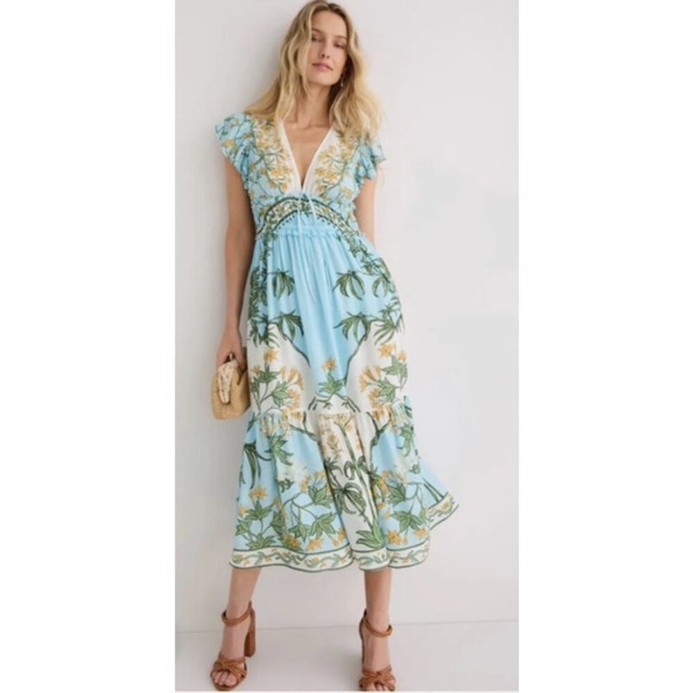 Derek Lam Floral Dress Flutter Sleeve V-Neck Midi A-Line Blue 16